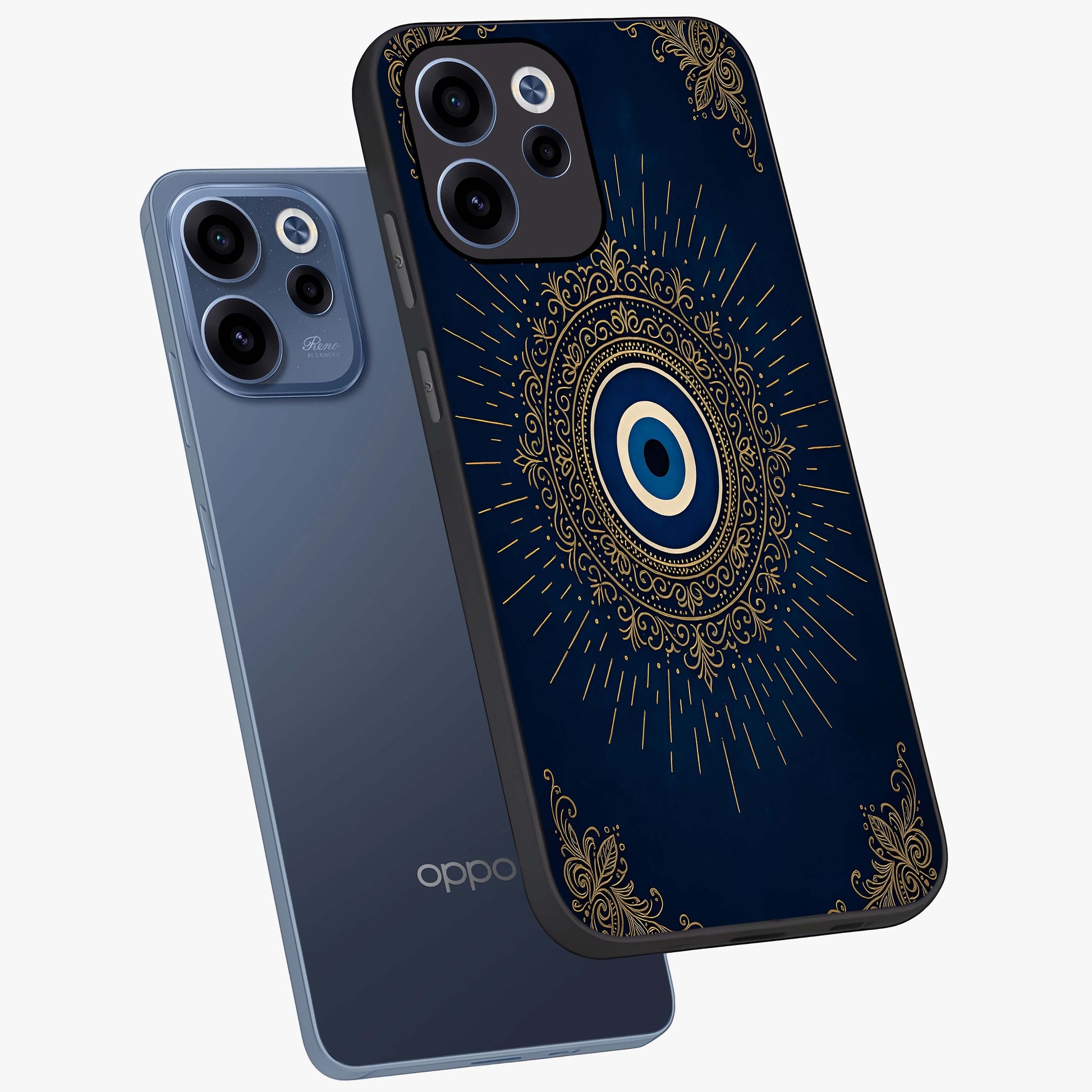 Golden Celestial Charm Glass Case displayed in angled mockup highlighting sparkling cosmic charm design with celestial aesthetic.