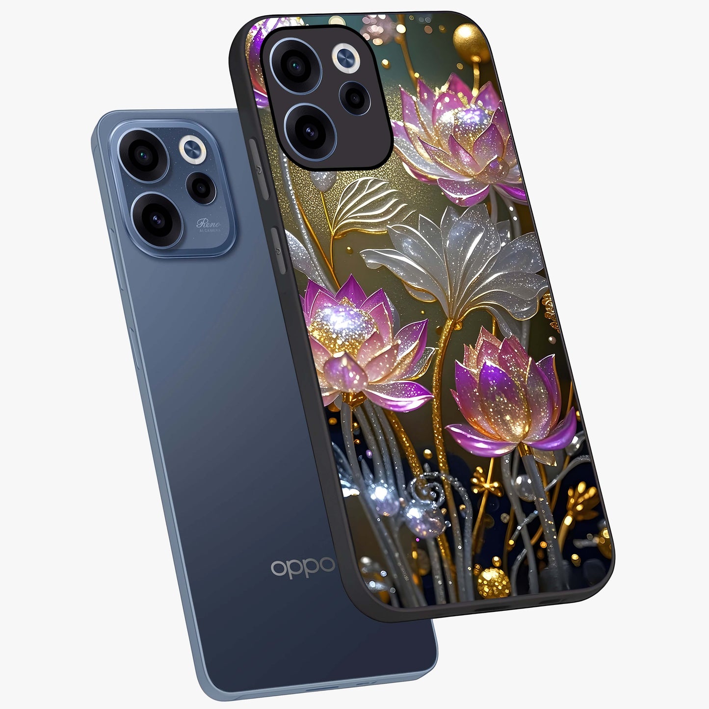 Golden Floral Majesty Glass Case displayed in angled mockup highlighting elegant flower design with royal golden aesthetic.