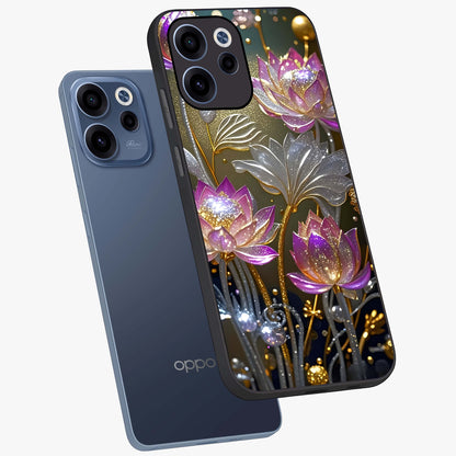 Golden Floral Majesty Glass Case displayed in angled mockup highlighting elegant flower design with royal golden aesthetic.