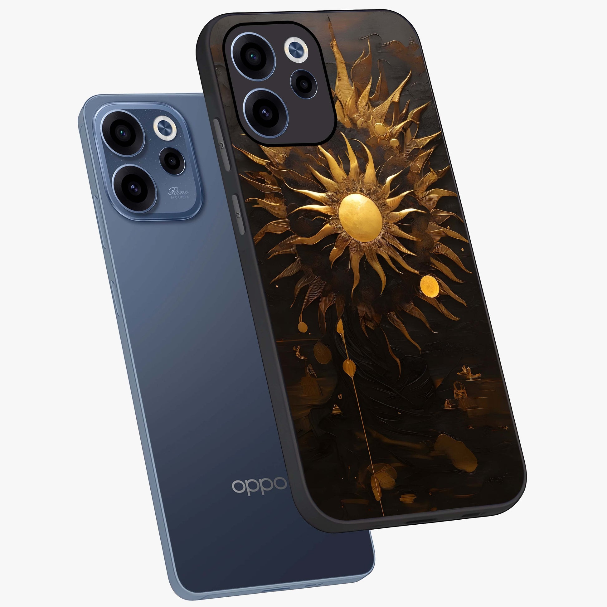 Golden Sun Majesty Glass Case displayed in angled mockup highlighting eerie shadow illustration with gothic aesthetic.