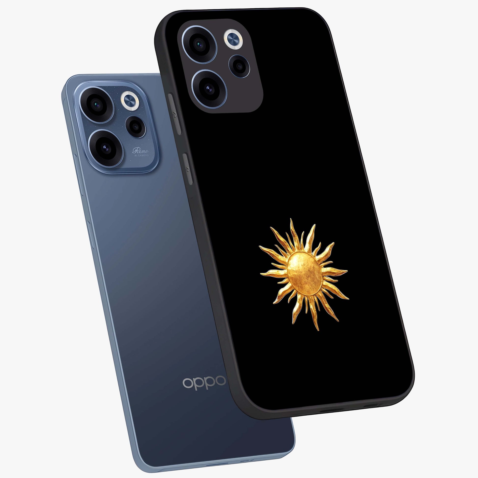 Golden Sun Minimalism Glass Case displayed in angled mockup highlighting eerie shadow illustration with gothic aesthetic.