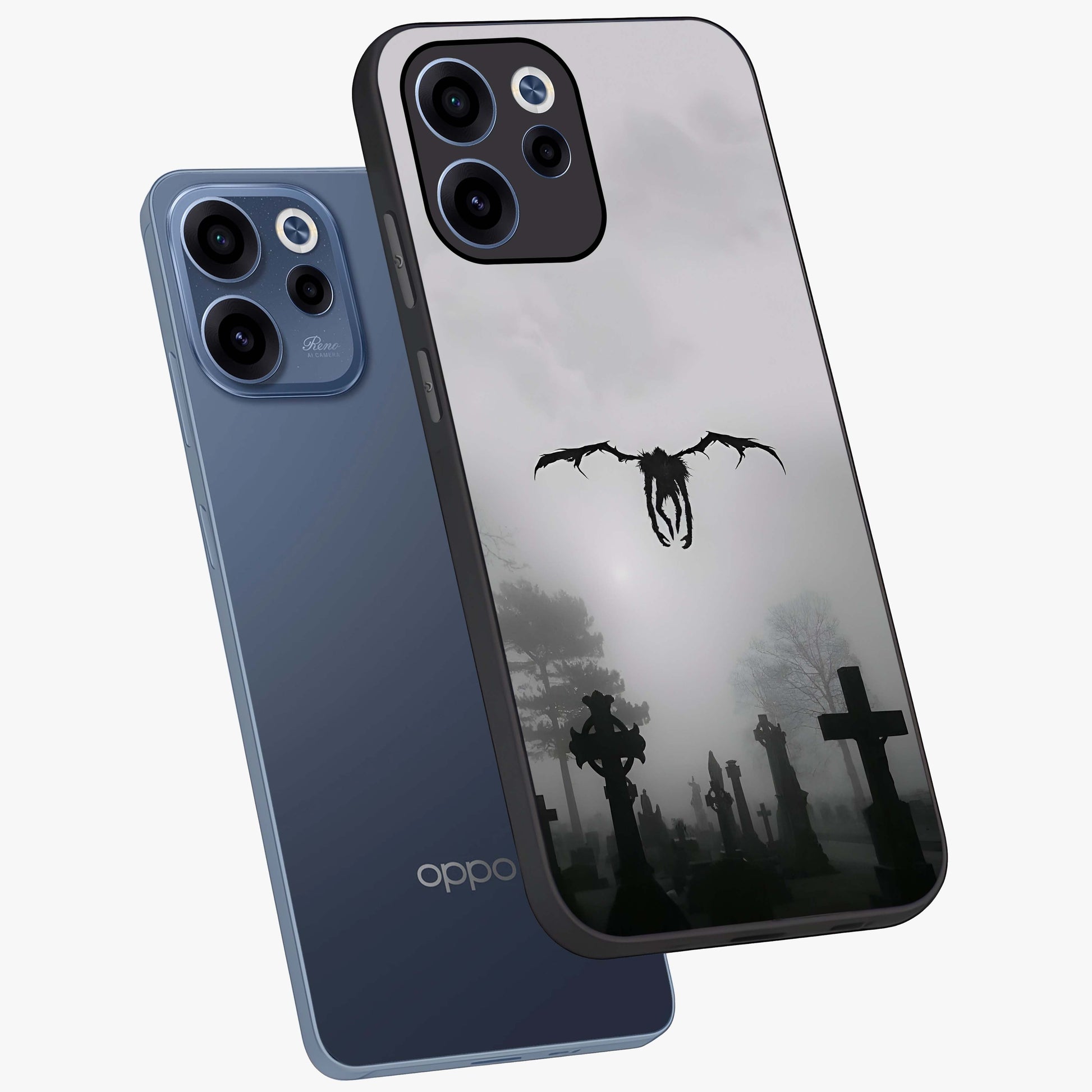 Graveyard Shadow Descent Glass Case displayed in angled mockup highlighting eerie shadow illustration with gothic aesthetic.