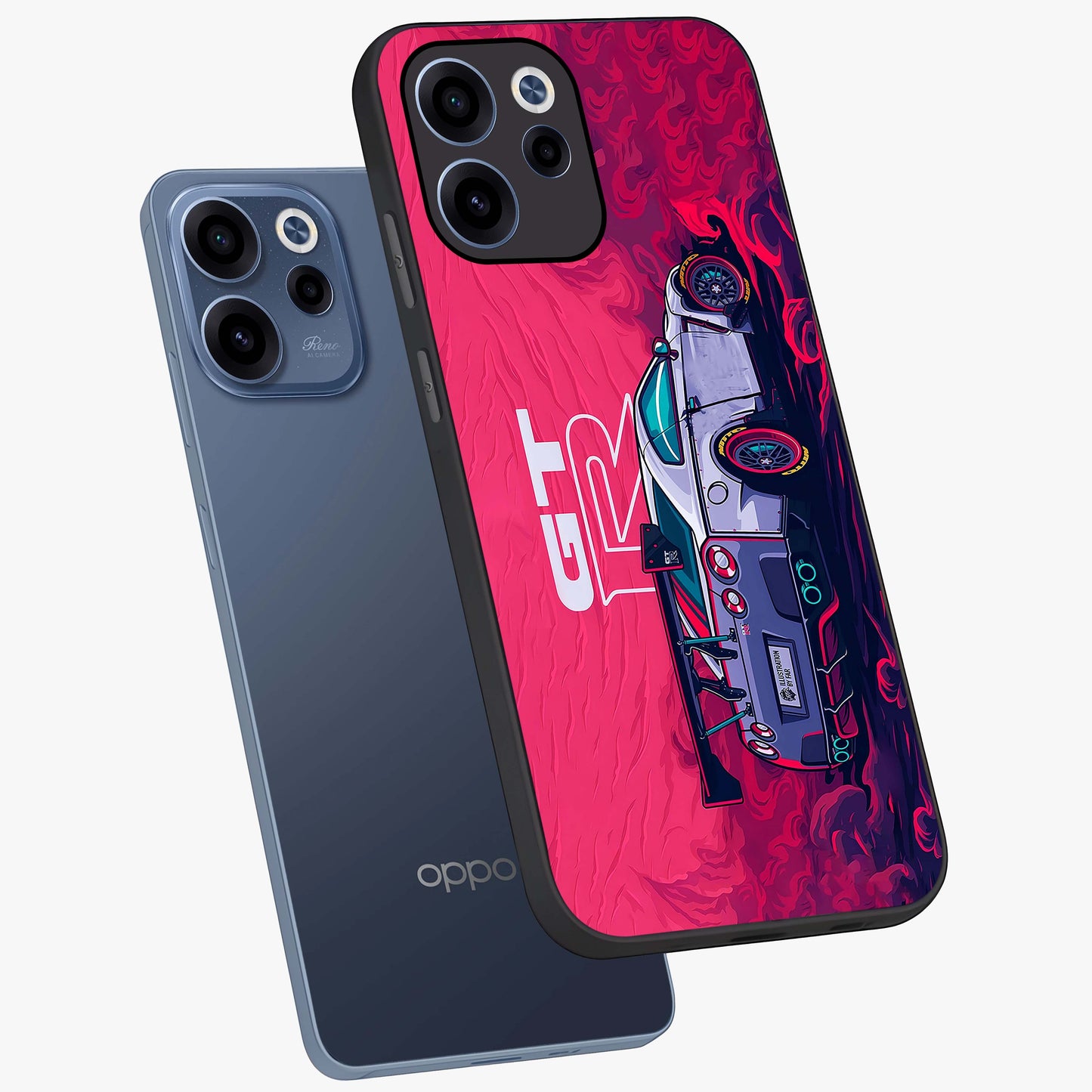 GT-R Car Pattern Glass Case displayed in angled mockup highlighting racing car graphic design with bold automotive aesthetic.