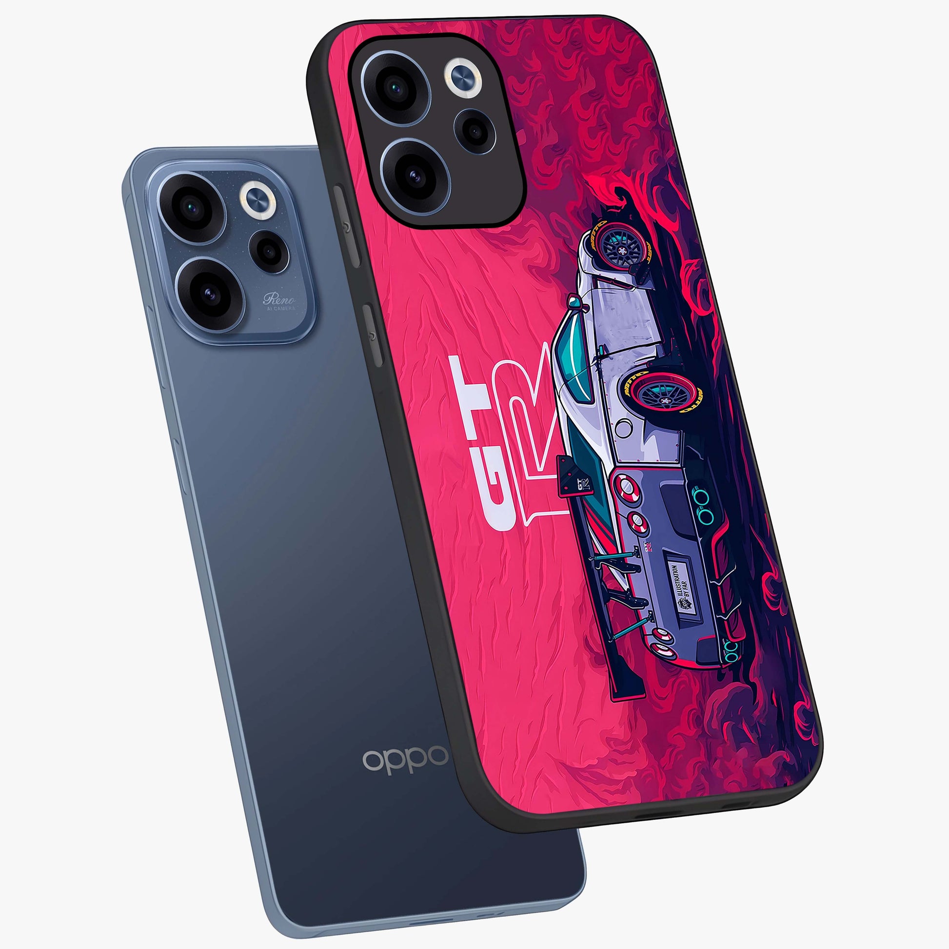 GT-R Car Pattern Glass Case displayed in angled mockup highlighting racing car graphic design with bold automotive aesthetic.
