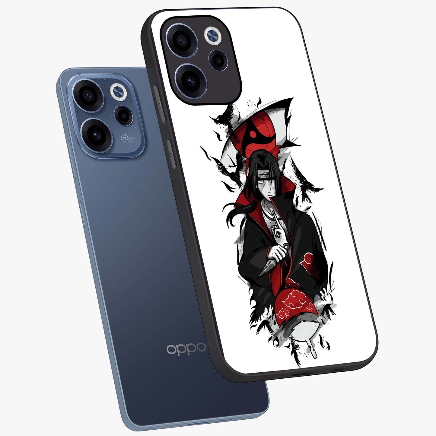 Itachi Limited Edition Naruto Anime Glass Case displayed in angled mockup highlighting dramatic anime illustration with bold action aesthetic.