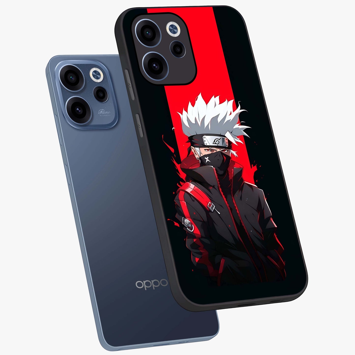 Kakashi Scarlet Shadow Glass Case displayed in angled mockup highlighting dramatic ninja illustration with scarlet themed aesthetic.