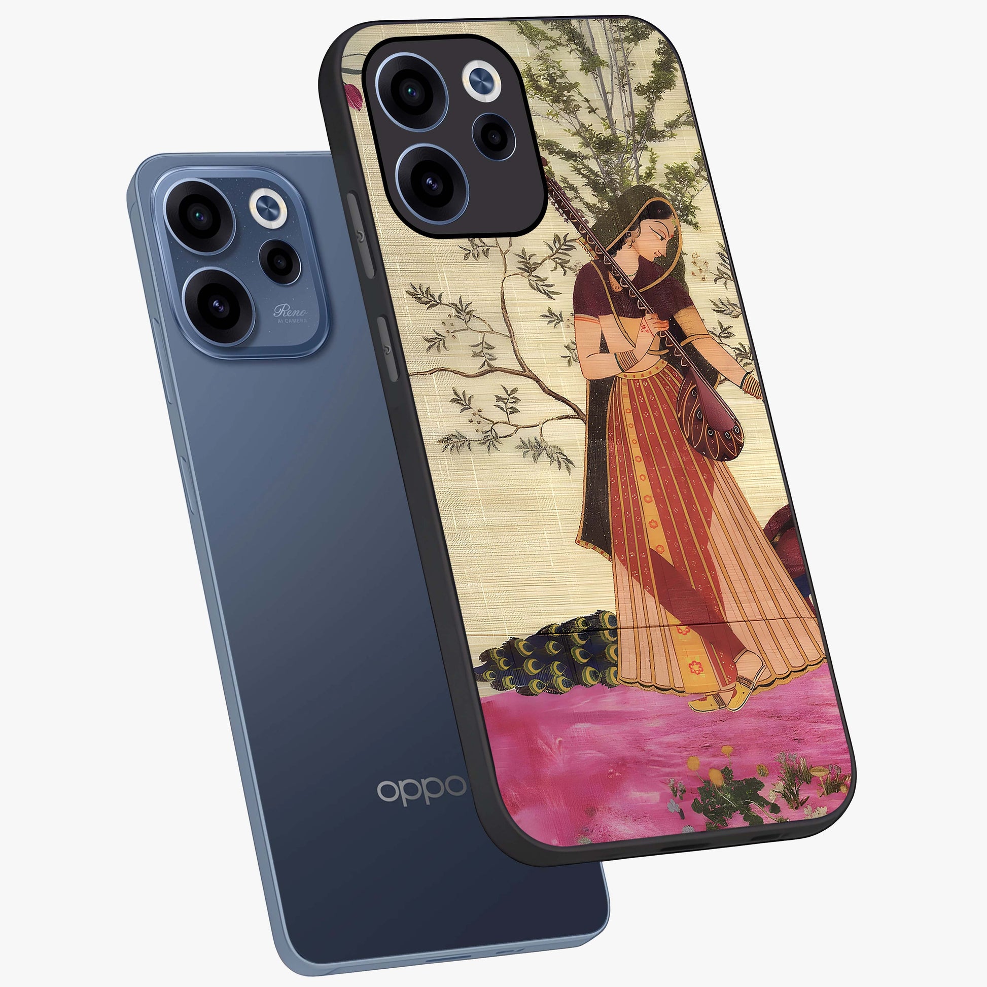 Lady With Veena Art Glass Case displayed in angled mockup highlighting graceful musical illustration with cultural artistic aesthetic.