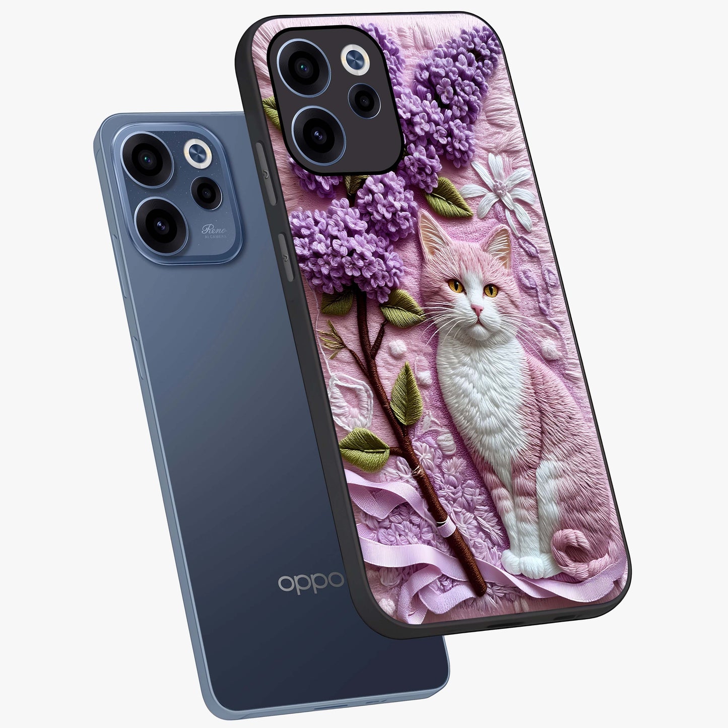 Lavender Cat Whimsy Glass Case displayed in angled mockup highlighting playful feline illustration with pastel lavender aesthetic.
