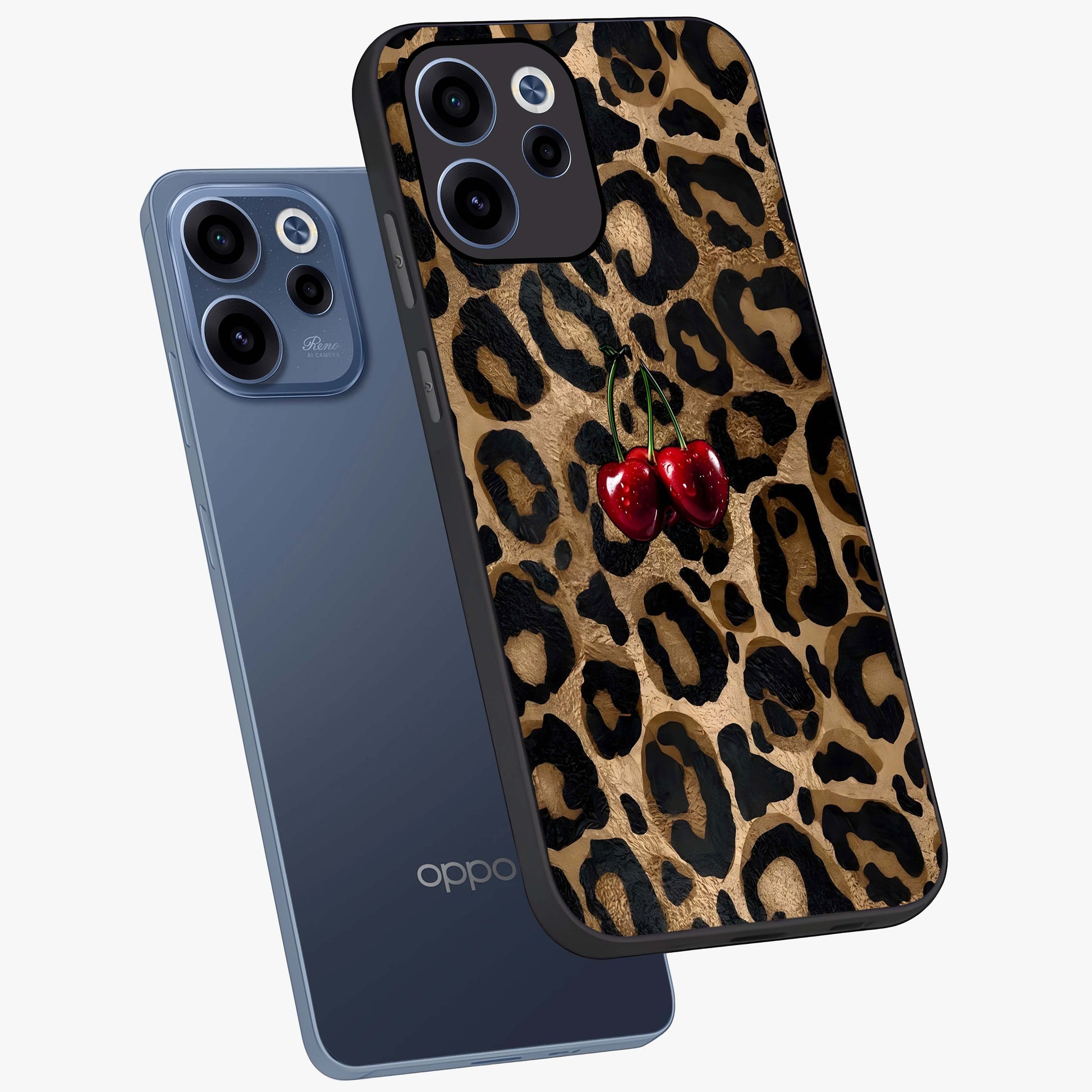 Leopard Wild Cherry Glass Case displayed in angled mockup highlighting bold animal print design with playful cherry aesthetic.