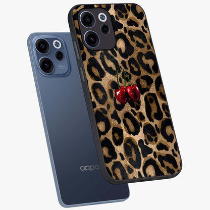 Leopard Wild Cherry Glass Case displayed in angled mockup highlighting bold animal print design with playful cherry aesthetic.