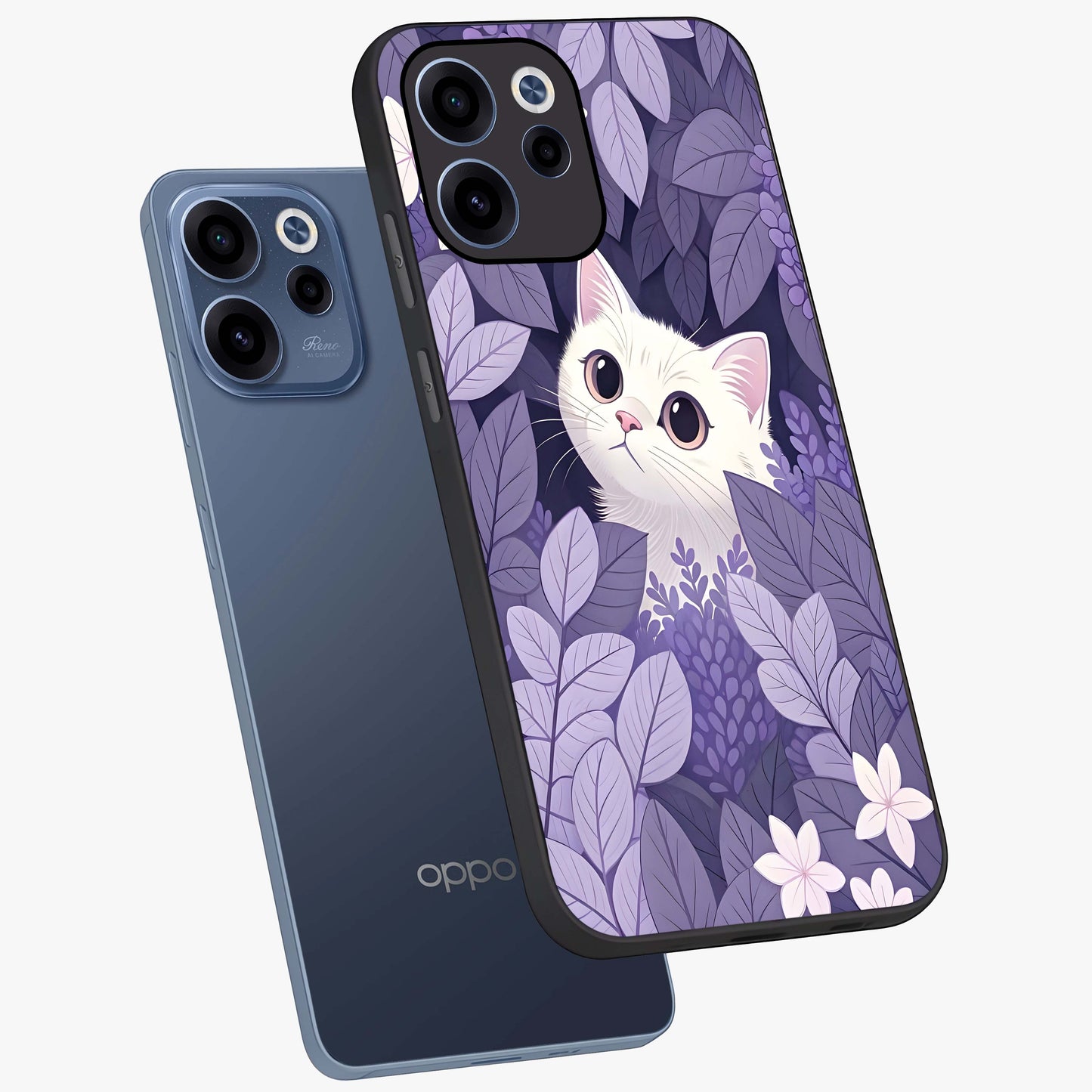 Lilac Hide Peek Cat Glass Case displayed in angled mockup highlighting playful feline illustration with lilac aesthetic design.