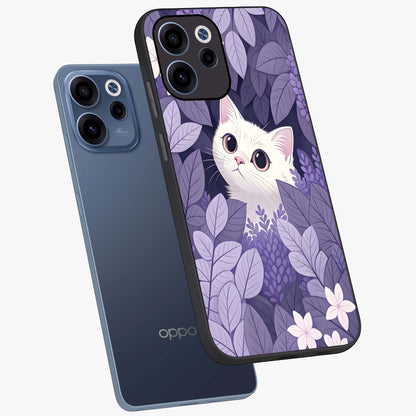Lilac Hide Peek Cat Glass Case displayed in angled mockup highlighting playful feline illustration with lilac aesthetic design.