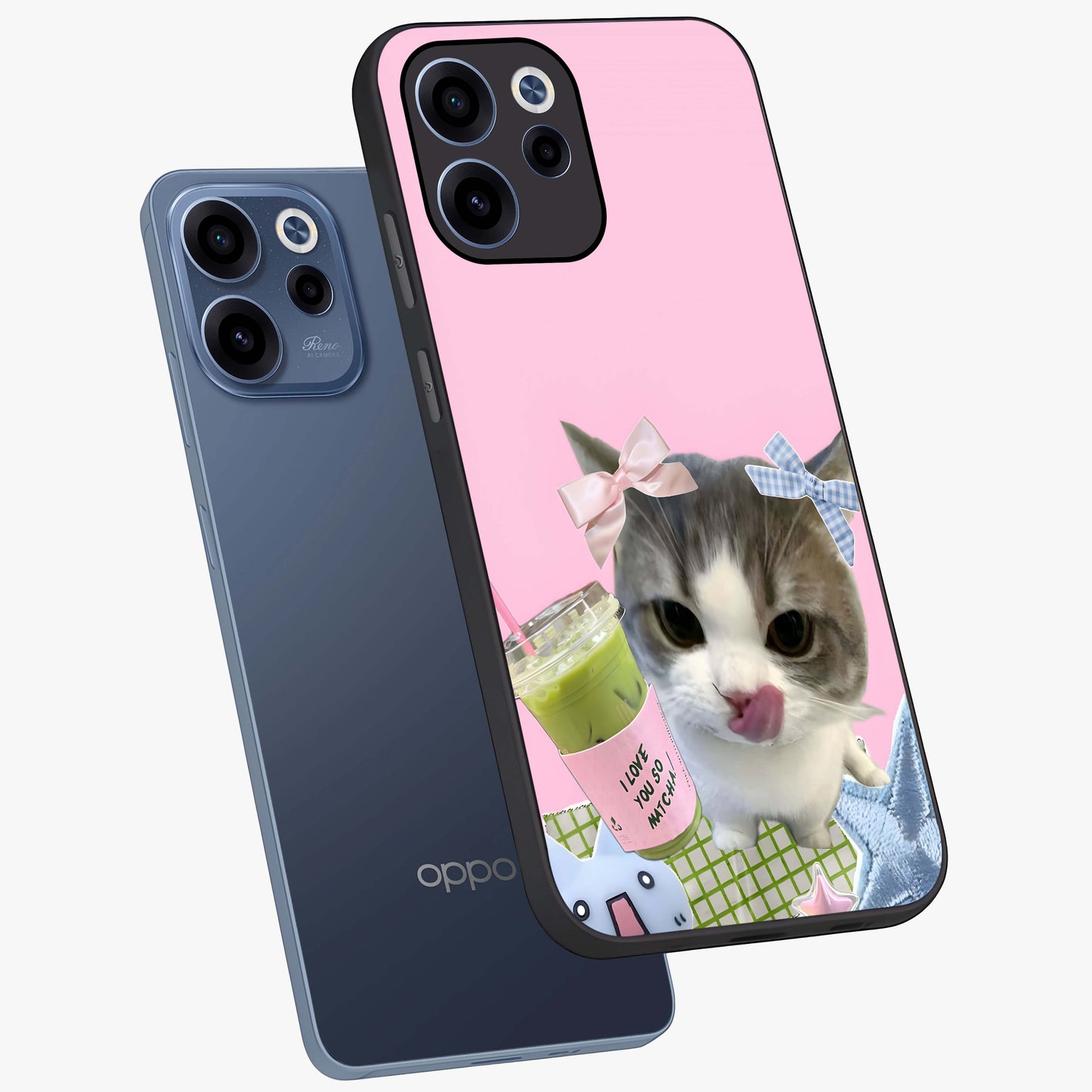 Love Matcha Cat Glass Case displayed in angled mockup highlighting playful feline illustration with cozy matcha aesthetic.