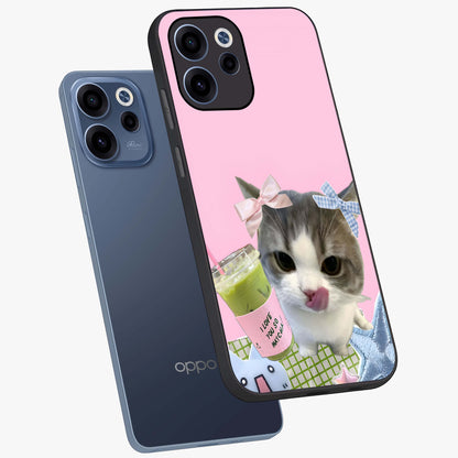Love Matcha Cat Glass Case displayed in angled mockup highlighting playful feline illustration with cozy matcha aesthetic.