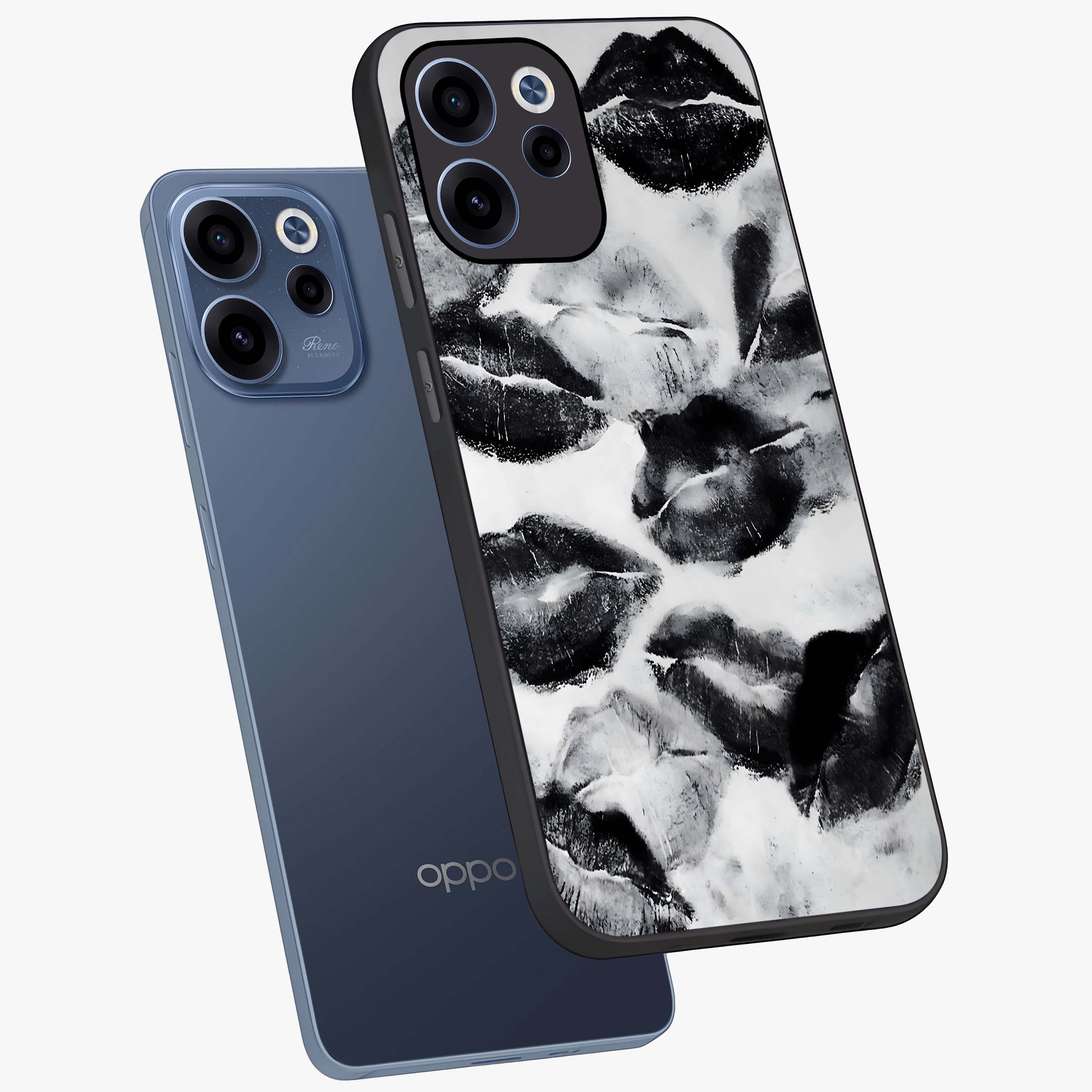 Midnight Kiss Marks Glass Case displayed in angled mockup highlighting playful romantic design with bold midnight aesthetic.