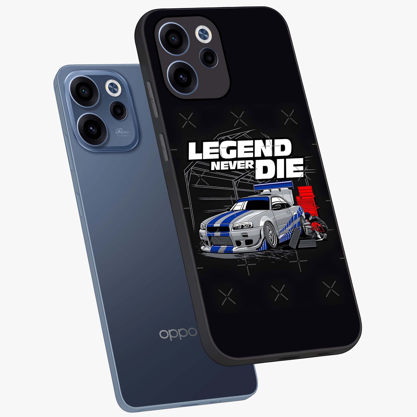 Midnight Racing Legacy Glass Case displayed in angled mockup highlighting dynamic automotive design with bold midnight aesthetic.