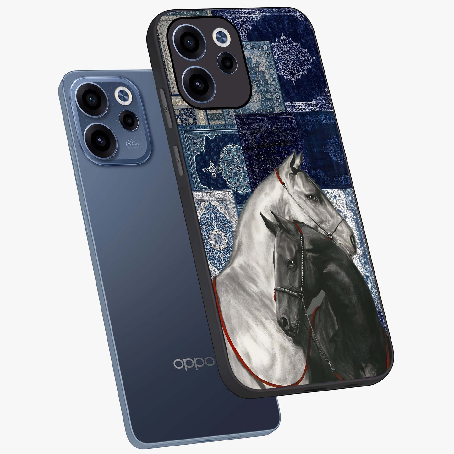 Midnight Stallion Blues Glass Case displayed in angled mockup highlighting powerful stallion illustration with deep midnight tones.