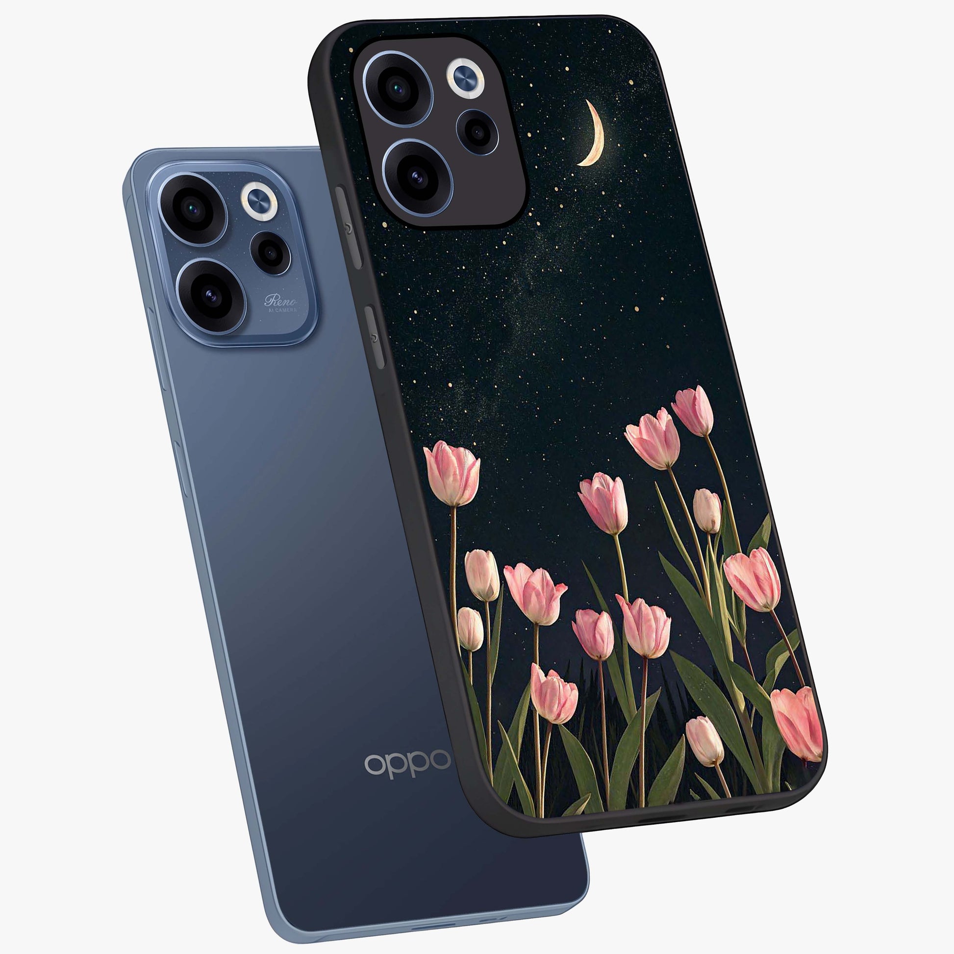 Midnight Tulip Whispers Vibe Glass Case displayed in angled mockup highlighting delicate tulip design with midnight floral aesthetic.