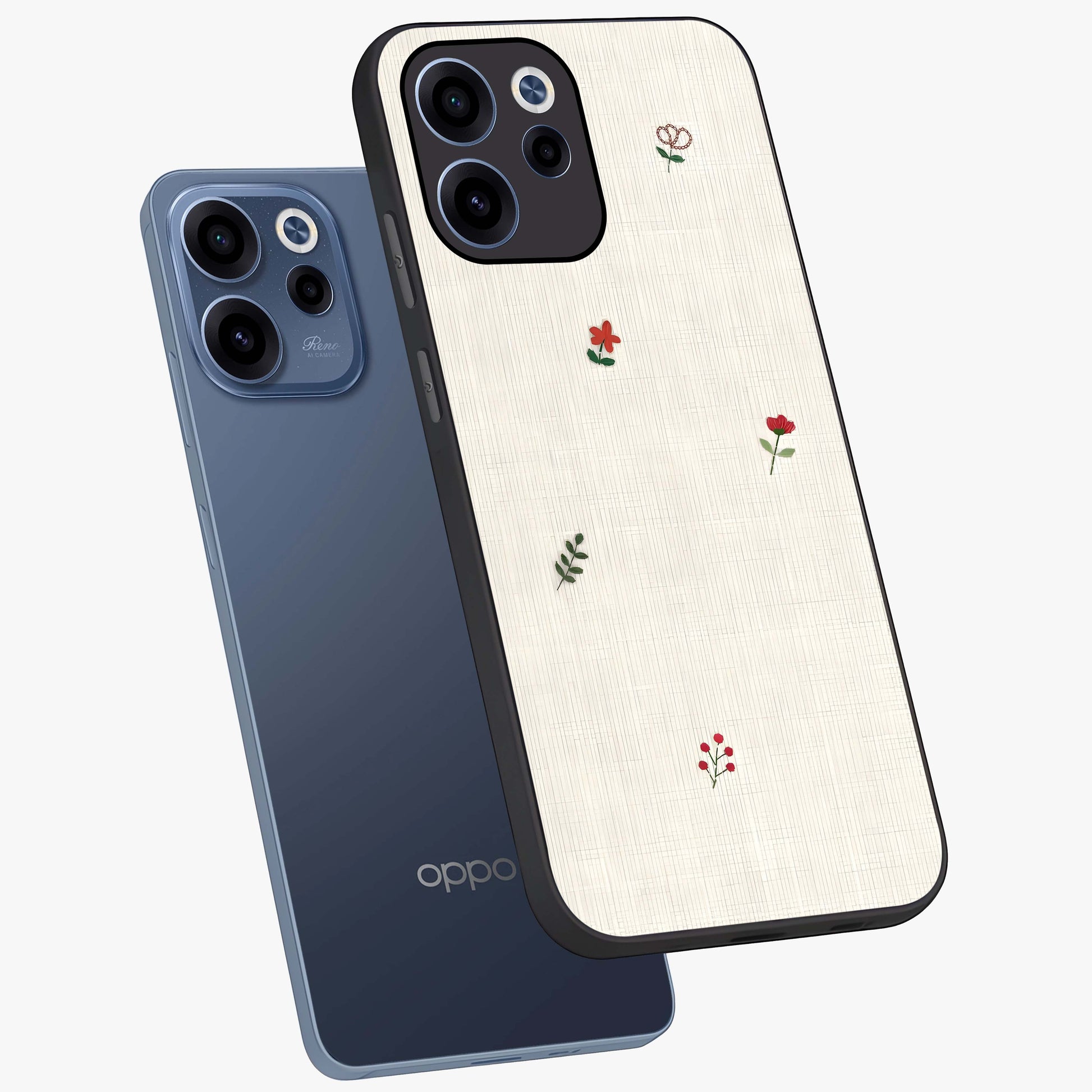 Minimalistic Blue With White Flower Pattern Glass Case displayed in angled mockup highlighting simple floral design with minimal aesthetic.