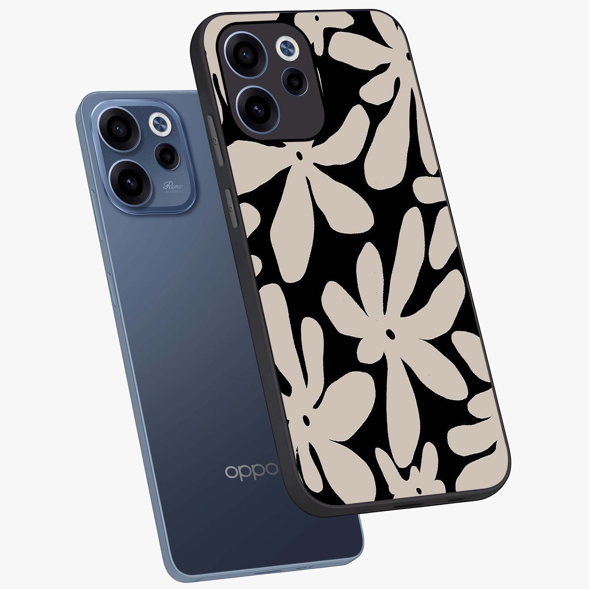 Monochrome Petal Dance Glass Case displayed in angled mockup highlighting elegant petal design with black and white aesthetic.