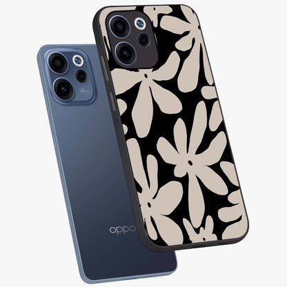 Monochrome Petal Dance Glass Case displayed in angled mockup highlighting elegant petal design with black and white aesthetic.