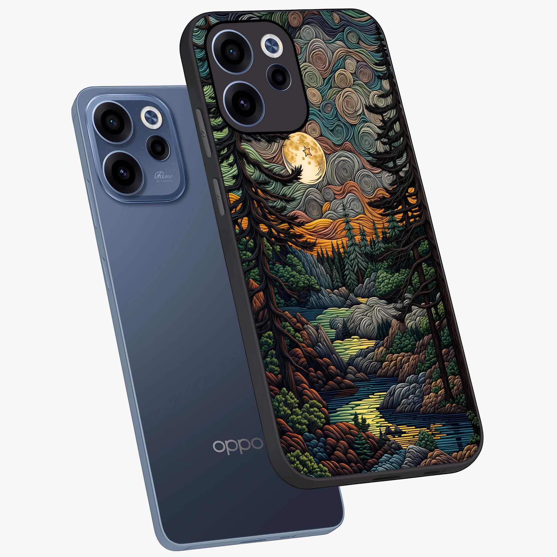 Moonlight Forest Dream Glass Case displayed in angled mockup highlighting dreamy forest design with glowing moon aesthetic.