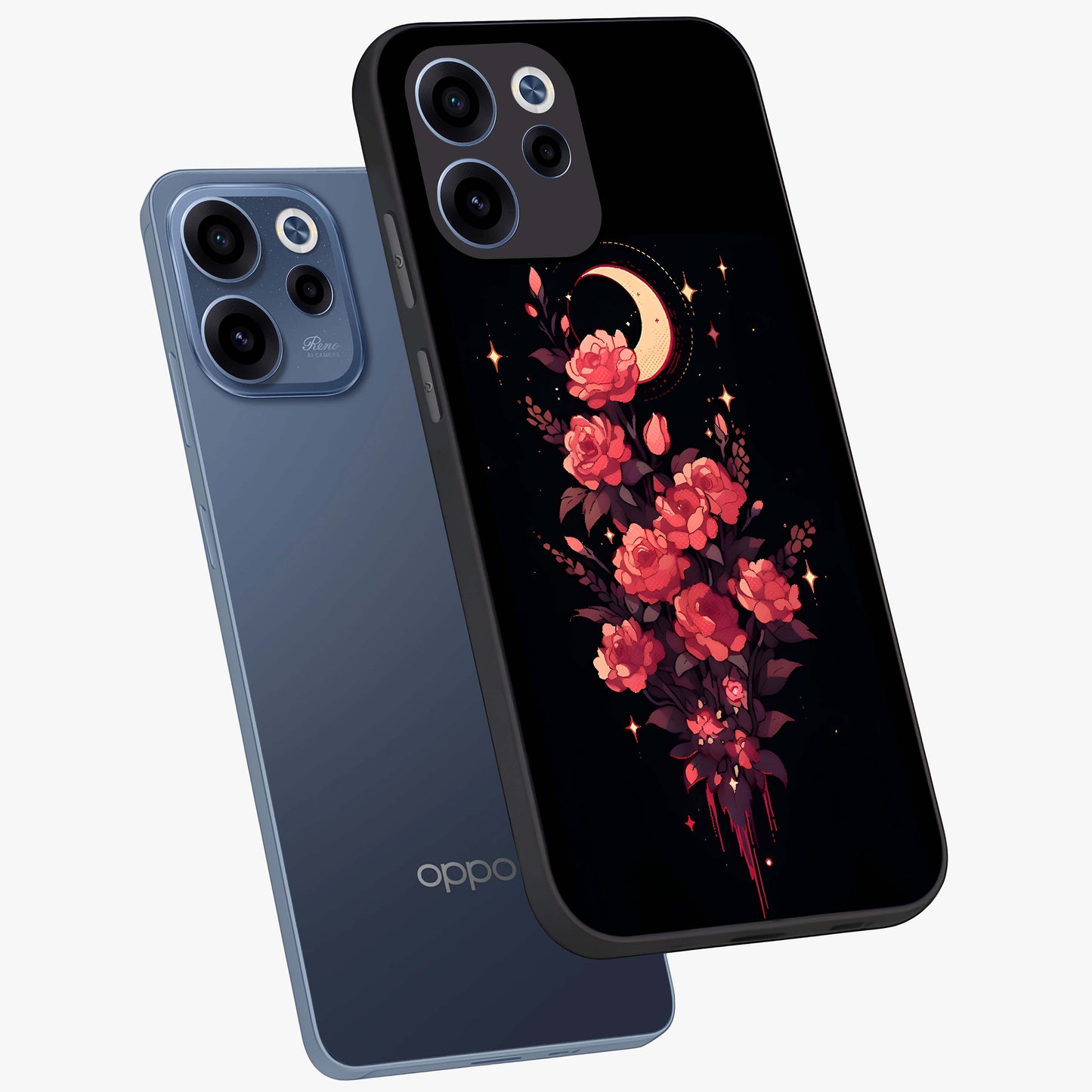 Moonlit Floral Elegance Glass Case displayed in angled mockup highlighting graceful flower design with soft moonlight aesthetic.
