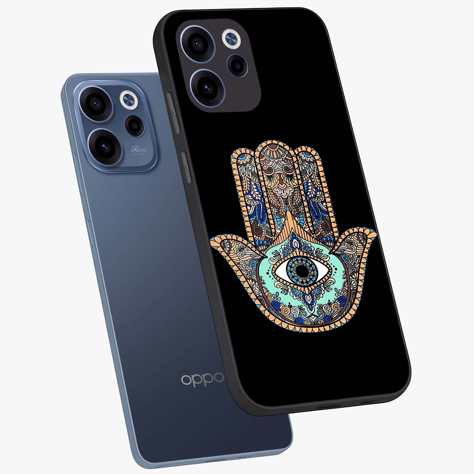 Mystic Hamsa Eye Glass Case displayed in angled mockup highlighting spiritual hamsa symbol with mystical aesthetic style.