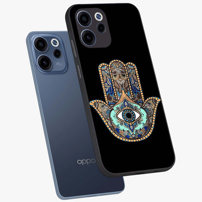 Mystic Hamsa Eye Glass Case displayed in angled mockup highlighting spiritual hamsa symbol with mystical aesthetic style.