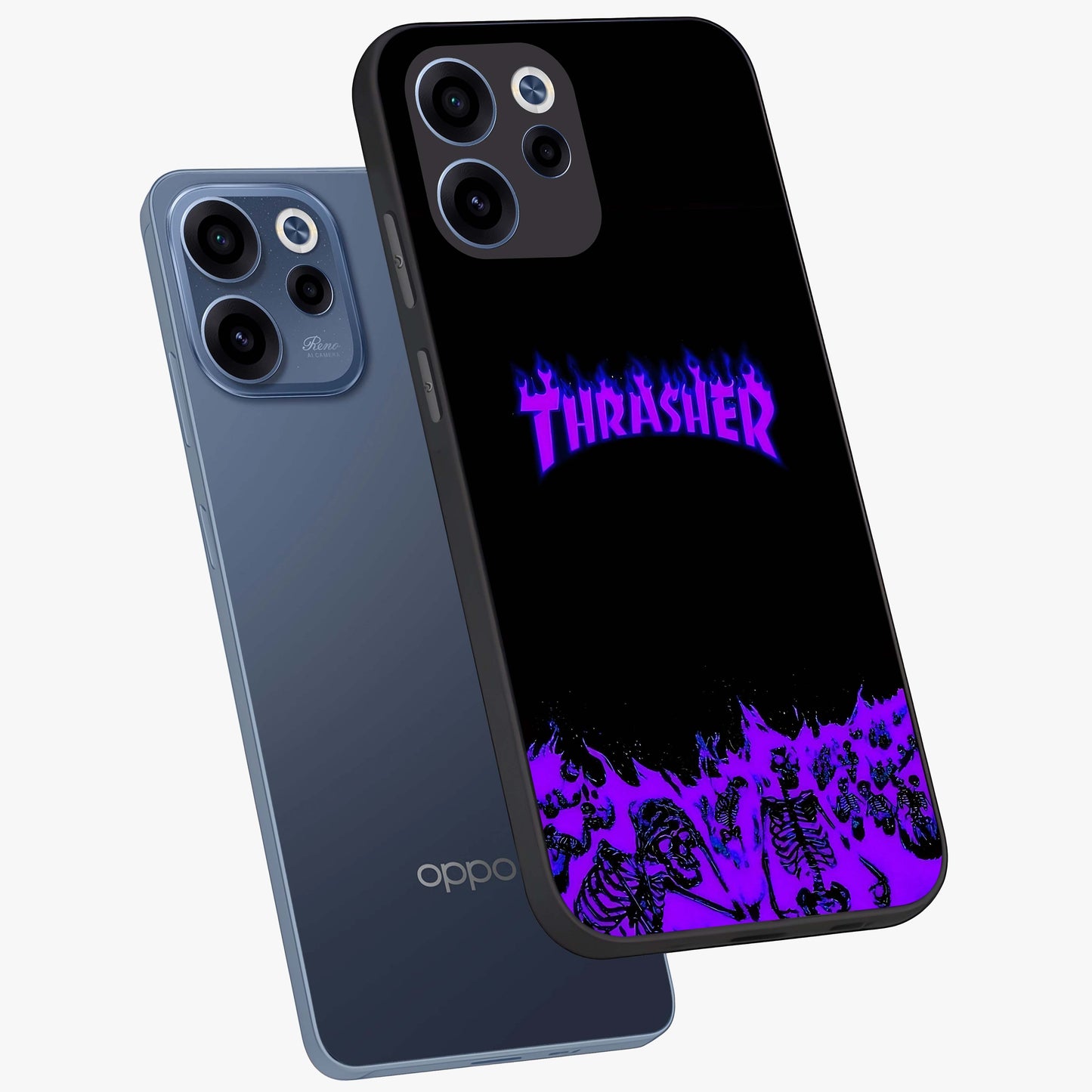 Neon Flame Riot Glass Case displayed in angled mockup highlighting glowing flame design with vibrant neon aesthetic.