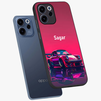 Neon Pink Porsche Glass Case displayed in angled mockup highlighting sleek neon pink car design with racing aesthetic.