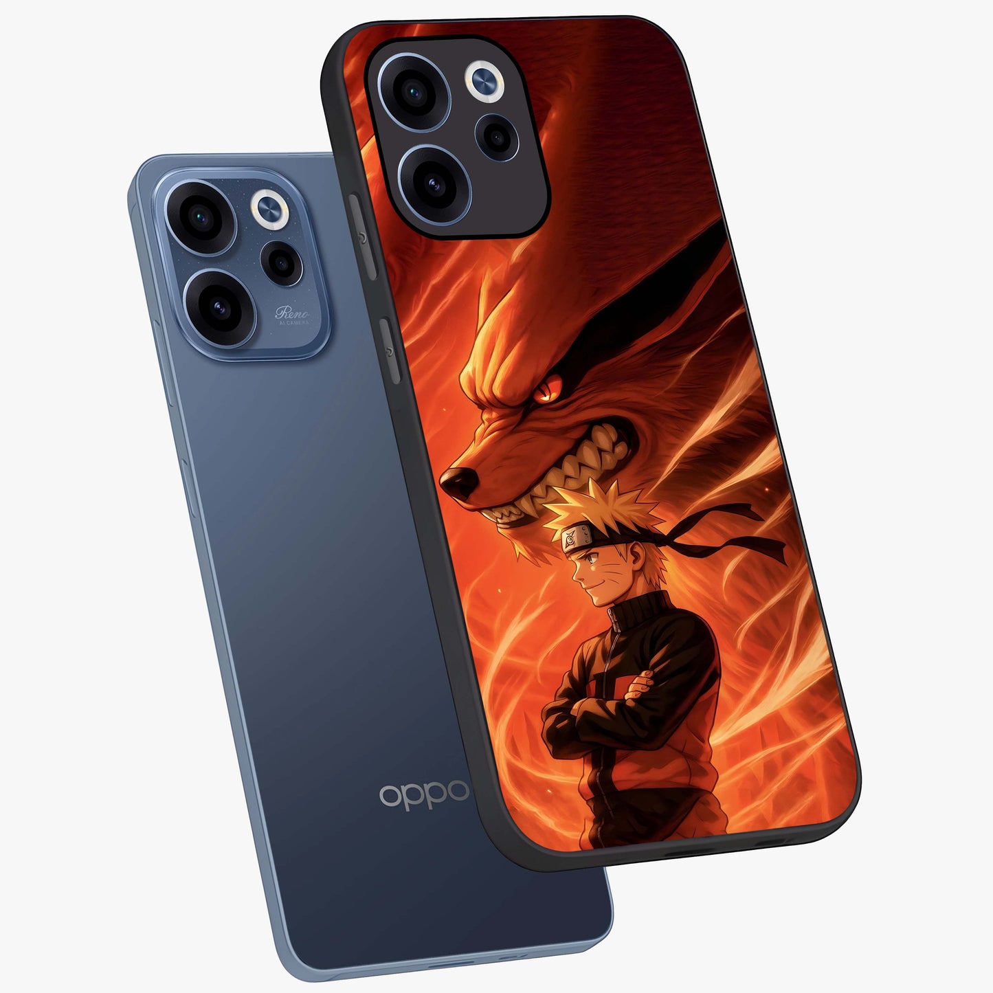 Nine Tails Legacy Glass Case displayed in angled mockup highlighting dynamic anime beast illustration with bold mystical aesthetic.