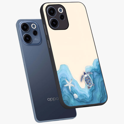 Ocean Drift Turtle Glass Case displayed in angled mockup highlighting peaceful ocean turtle illustration with marine aesthetic.
