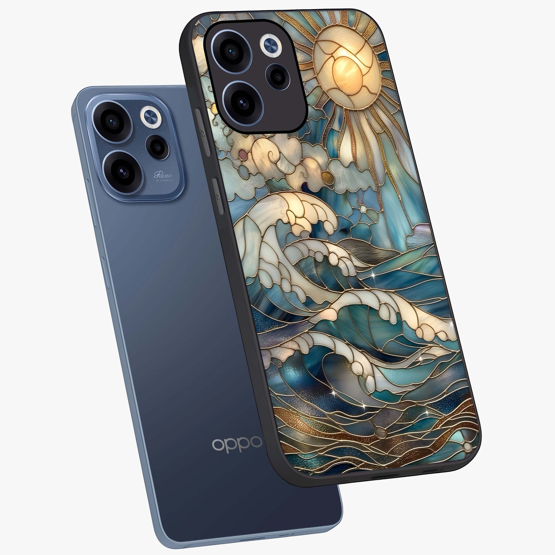 Oceanic Stained Printed Glass Case displayed in angled mockup highlighting colorful aquatic design with artistic aesthetic style.