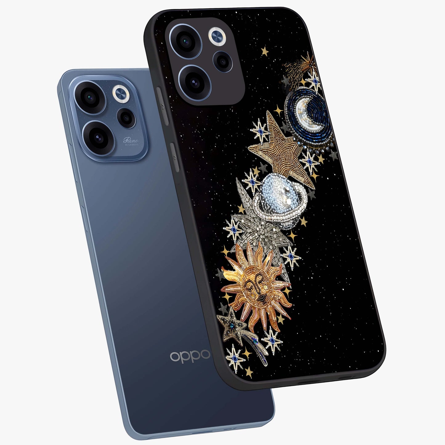 Pearls Universe Object Glass Case displayed in angled mockup highlighting celestial pearl design with dreamy aesthetic.