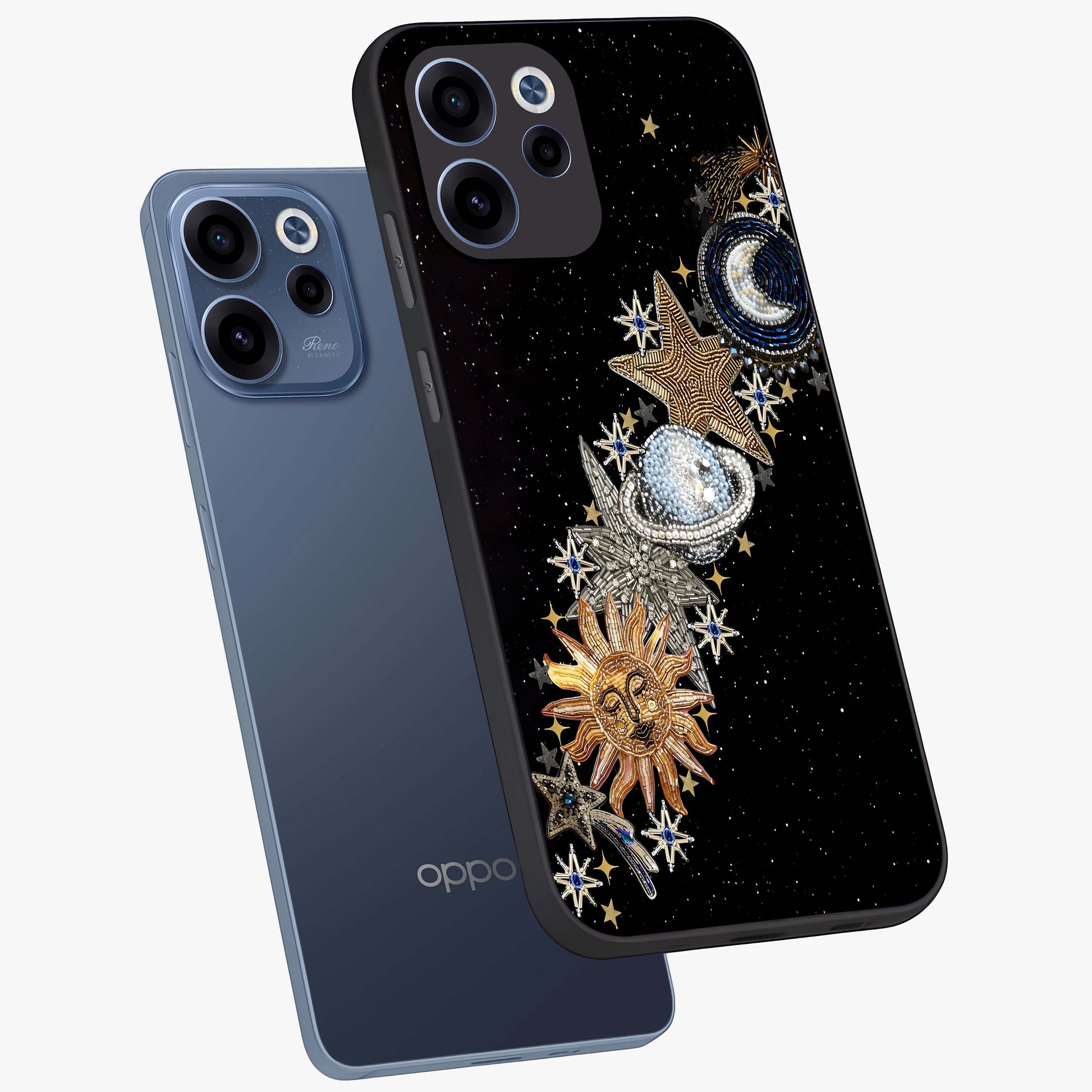 Pearls Universe Object Glass Case displayed in angled mockup highlighting celestial pearl design with dreamy aesthetic.