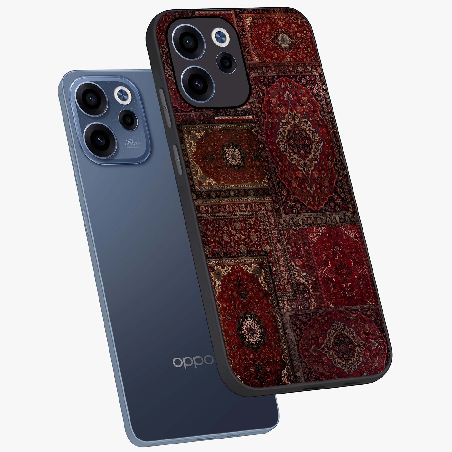 Persian Velvet Tale Glass Case displayed in angled mockup highlighting ornate textile inspired design with royal aesthetic.