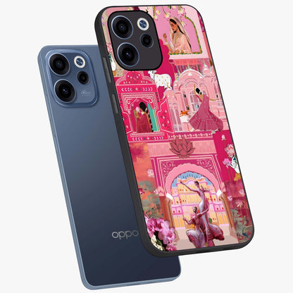 Pink Palace Muse Glass Case displayed in angled mockup highlighting dreamy palace illustration with soft pink aesthetic.