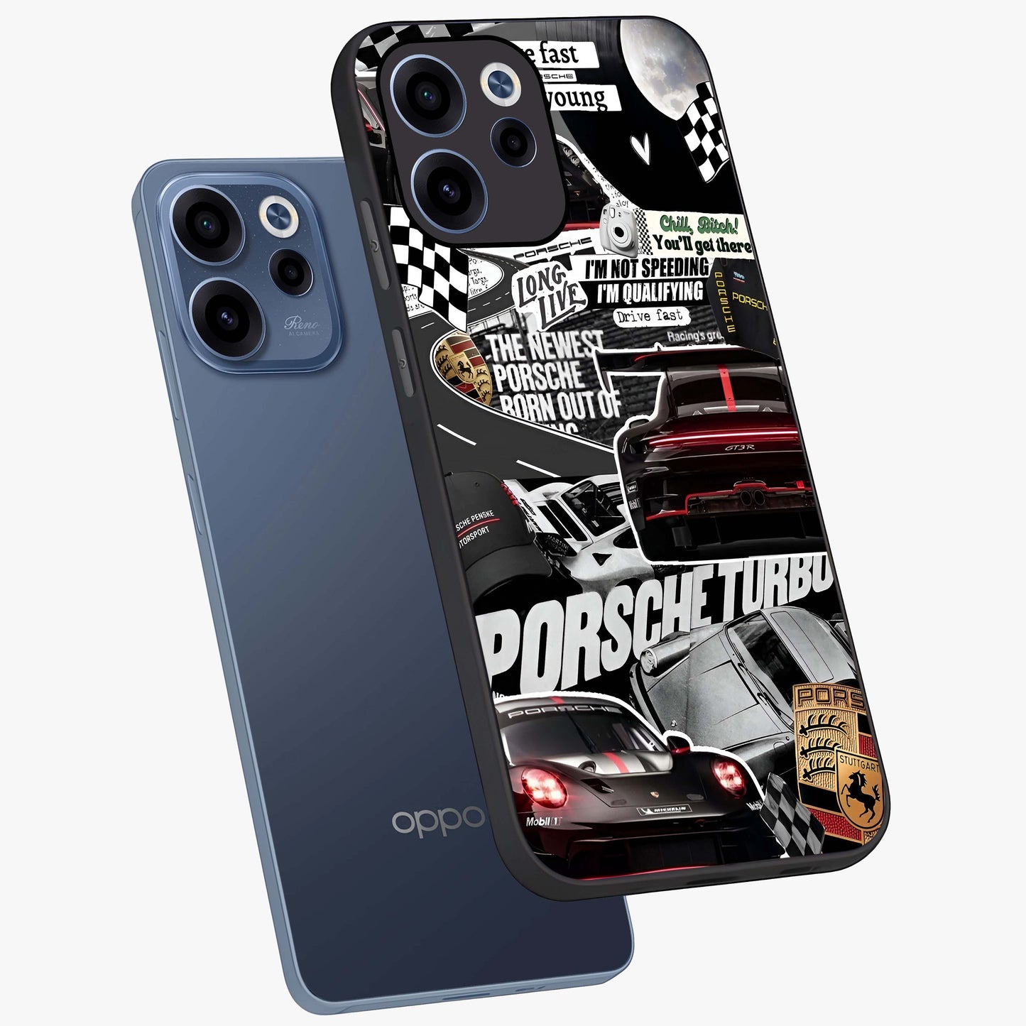 Porsche Racing Collage Glass Case displayed in angled mockup highlighting dynamic automotive design with bold racing aesthetic.
