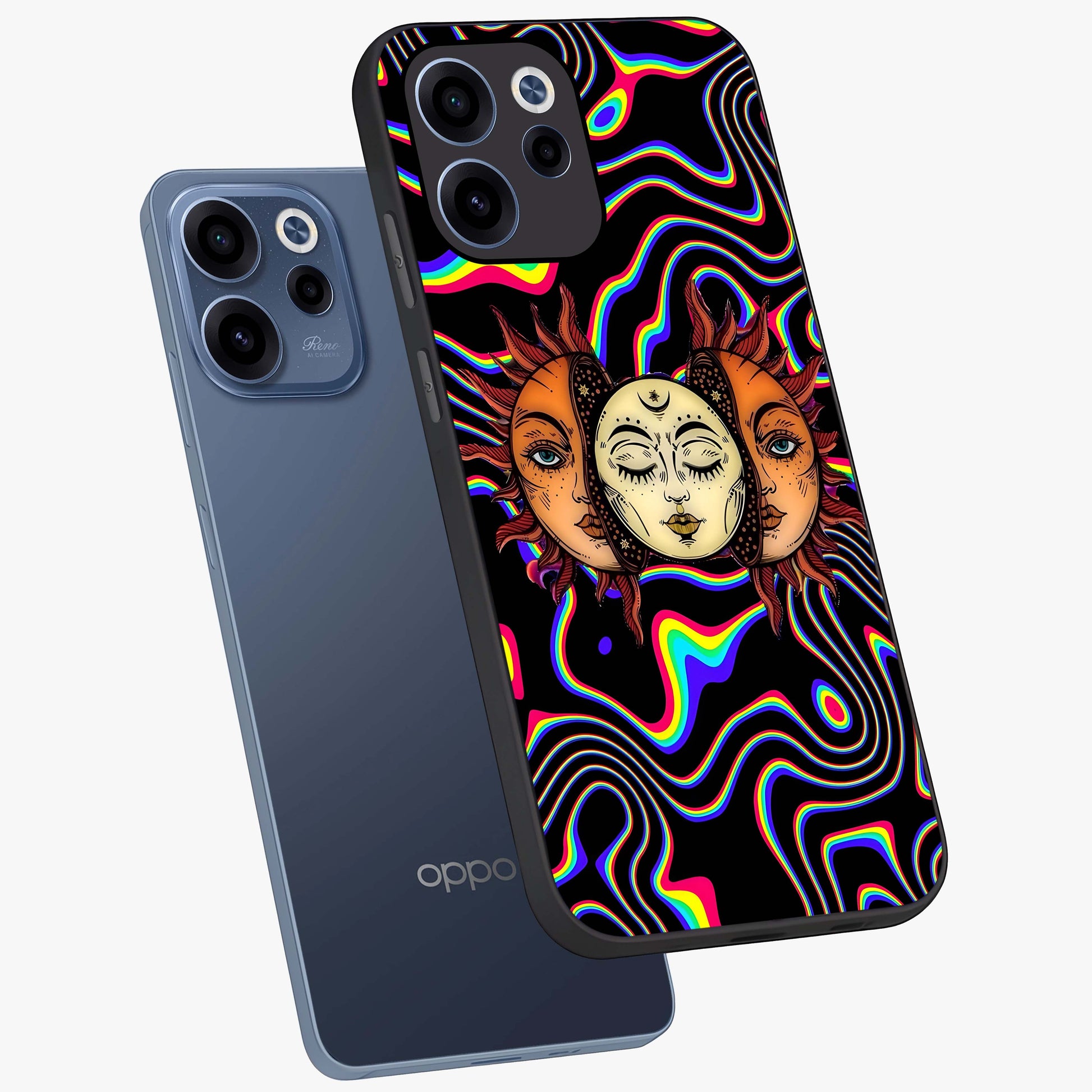 Psychedelic Sun Glass Case displayed in angled mockup highlighting vibrant abstract sun design with artistic aesthetic style.
