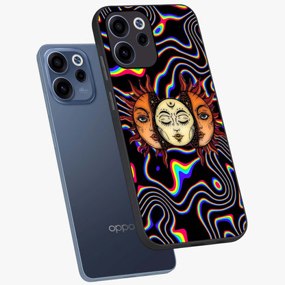 Psychedelic Sun Glass Case displayed in angled mockup highlighting vibrant abstract sun design with artistic aesthetic style.