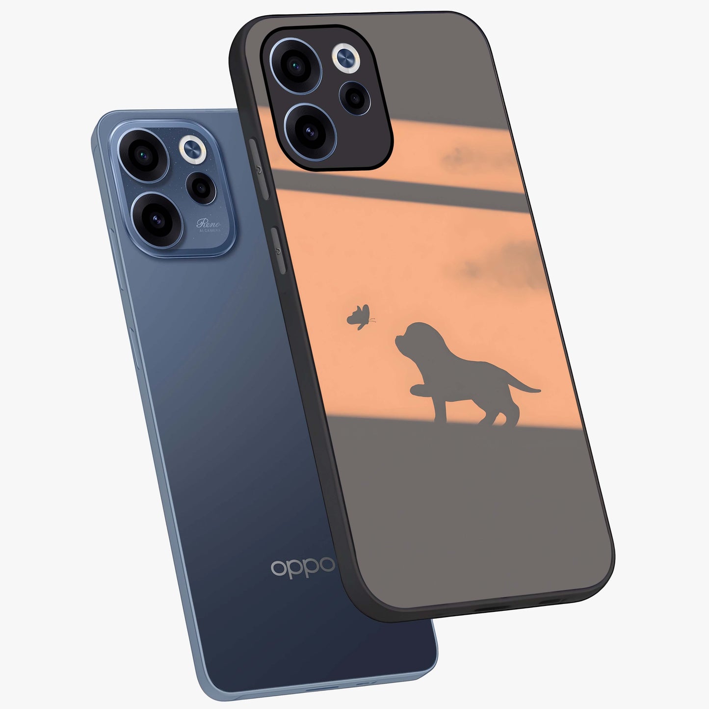 Puppy Shadow Art Glass Case displayed in angled mockup highlighting playful dog illustration with artistic shadow aesthetic.