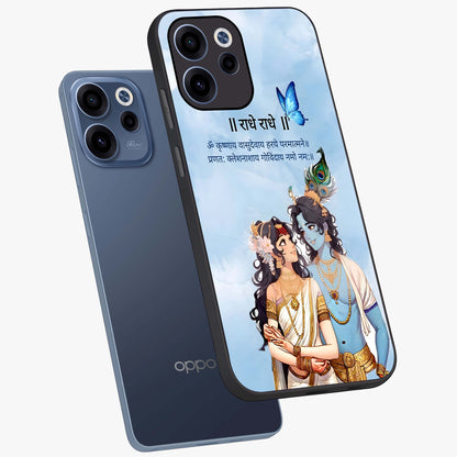 Radha Krishna Eternal Glass Case displayed in angled mockup highlighting divine Radha Krishna illustration with spiritual aesthetic.