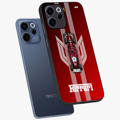Red Ferrari F1 Vertical Glass Case displayed in angled mockup highlighting high speed racing design with bold automotive aesthetic.
