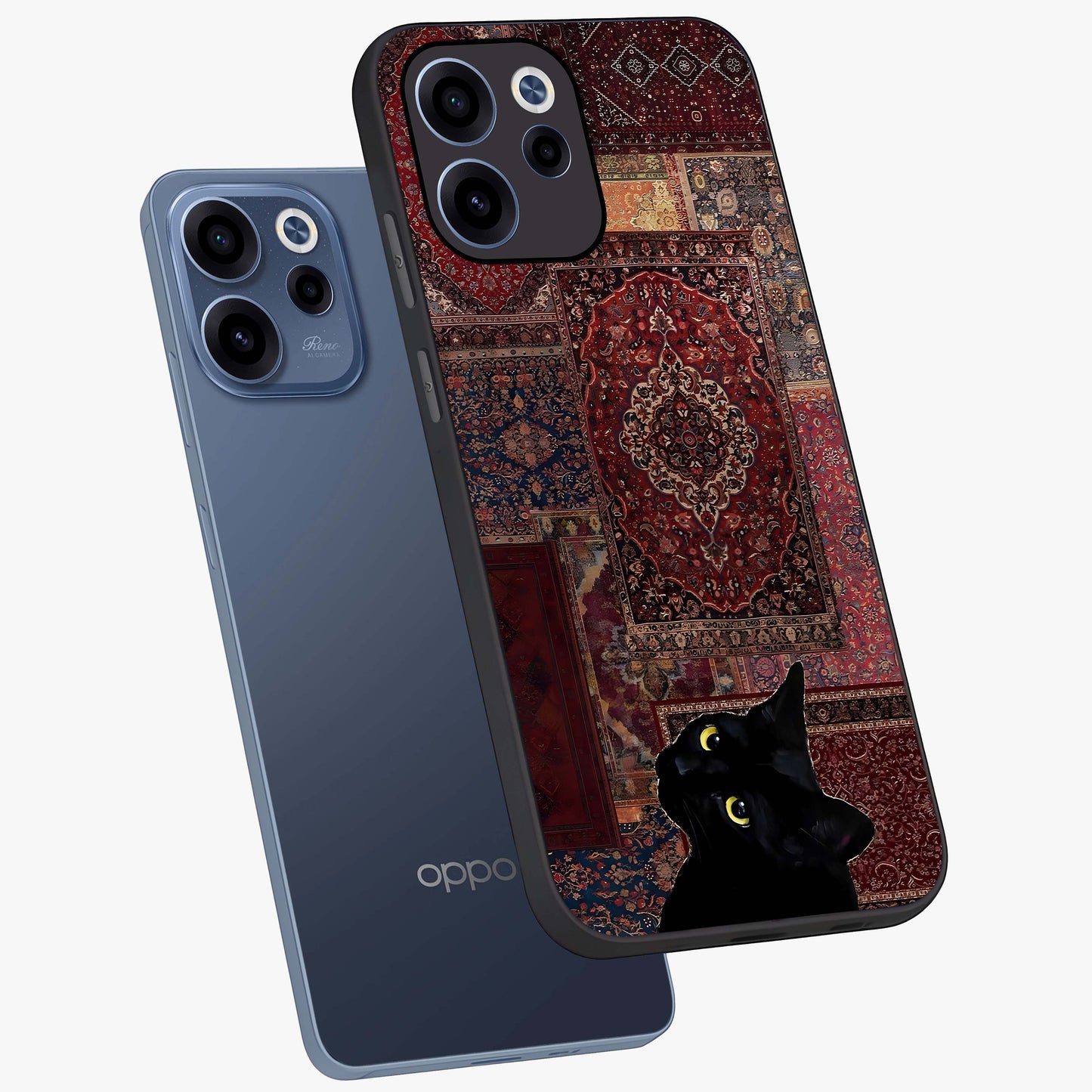 Regal Magic Cat Apple Glass Case displayed in angled mockup highlighting whimsical feline design with fantasy aesthetic.
