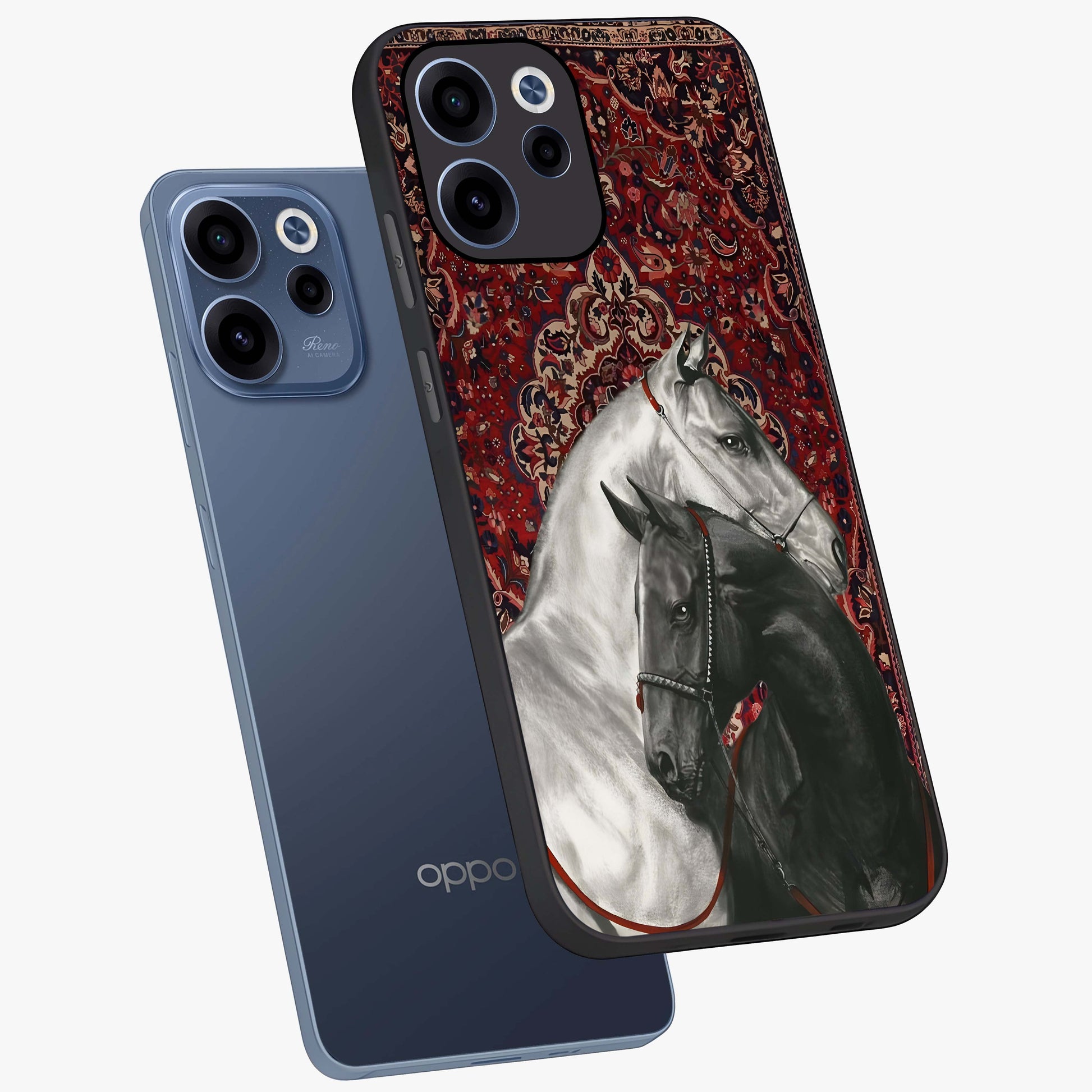 Regal Stallion Tapestry Glass Case displayed in angled mockup highlighting royal stallion design with decorative heritage aesthetic.