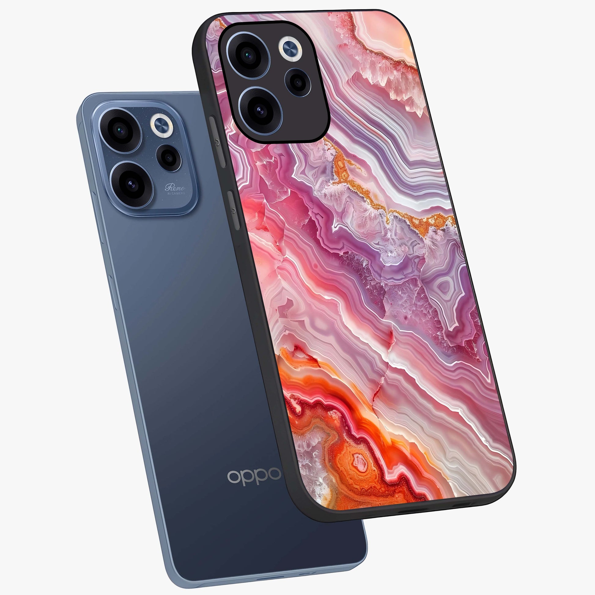 Rose Quartz Marble Glass Case displayed in angled mockup highlighting elegant marble pattern with soft aesthetic style.