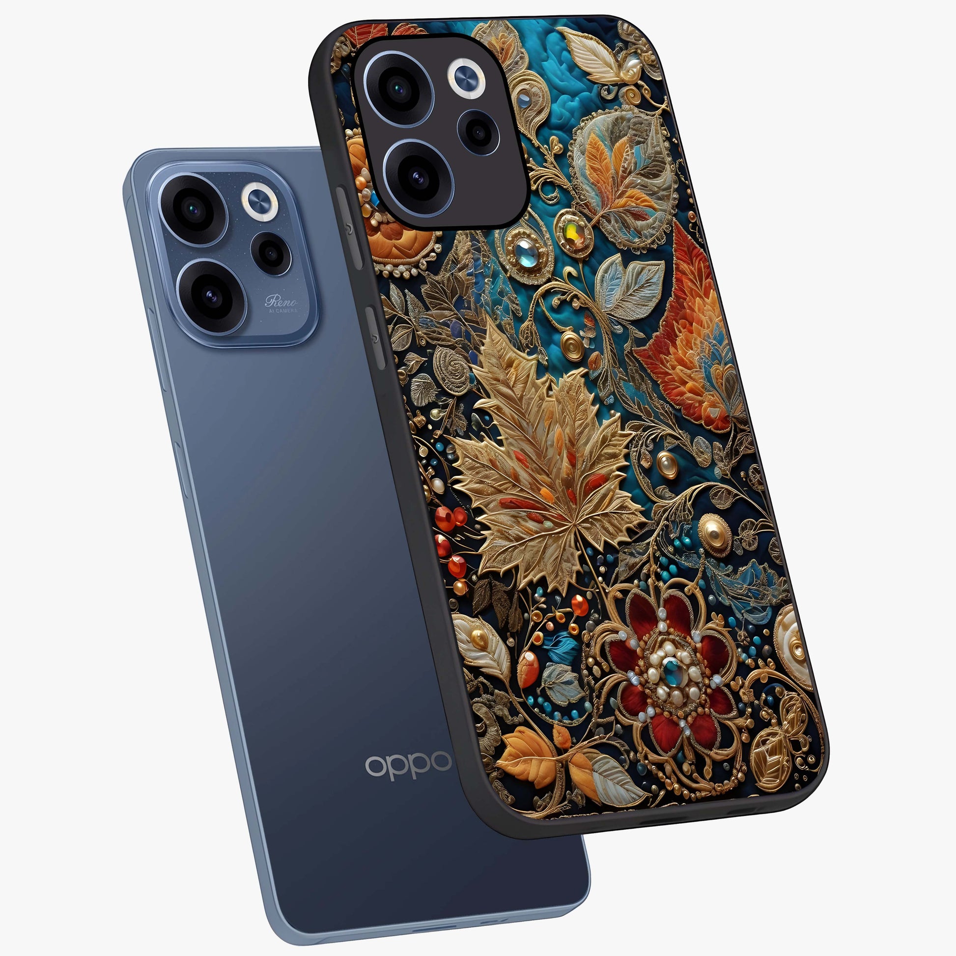 Royal Jewel Garden Glass Case displayed in angled mockup highlighting vibrant jewel inspired floral design with elegant aesthetic.