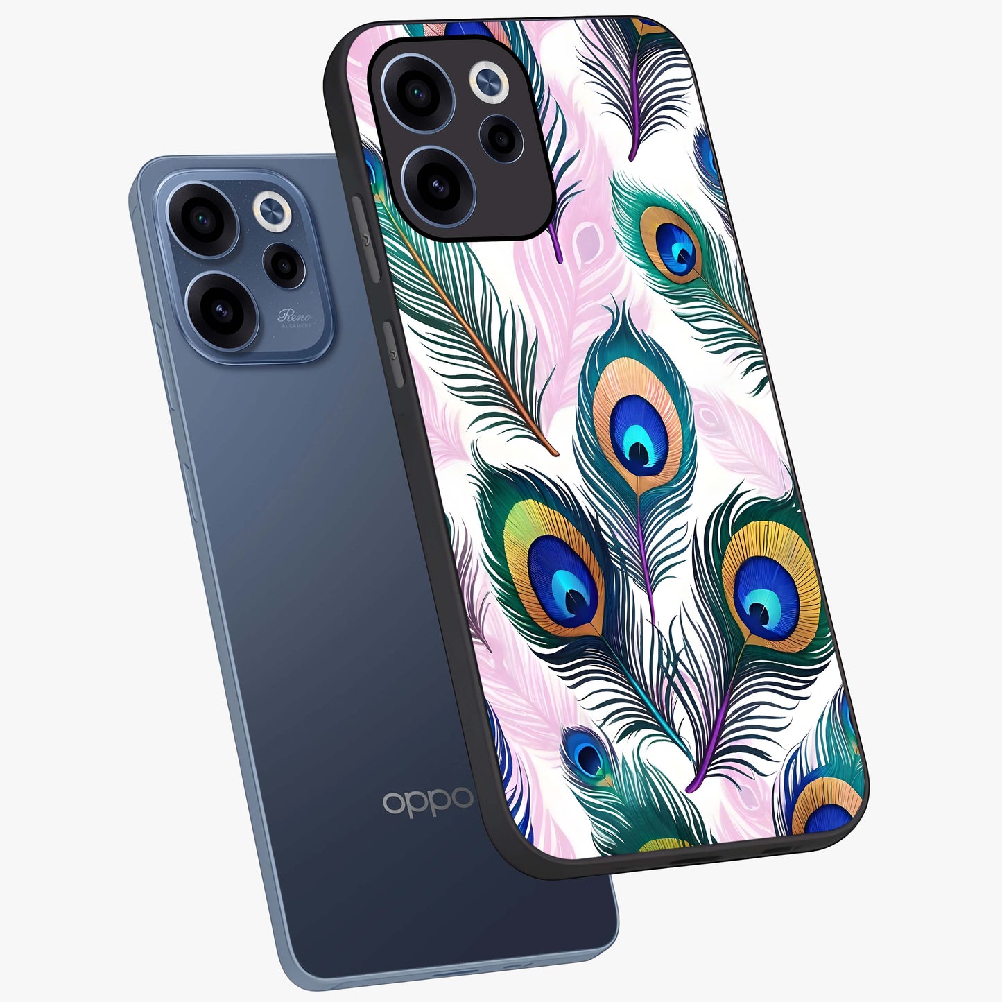 Royal Peacock Feathers Glass Case displayed in angled mockup highlighting vibrant feather pattern with regal aesthetic style.