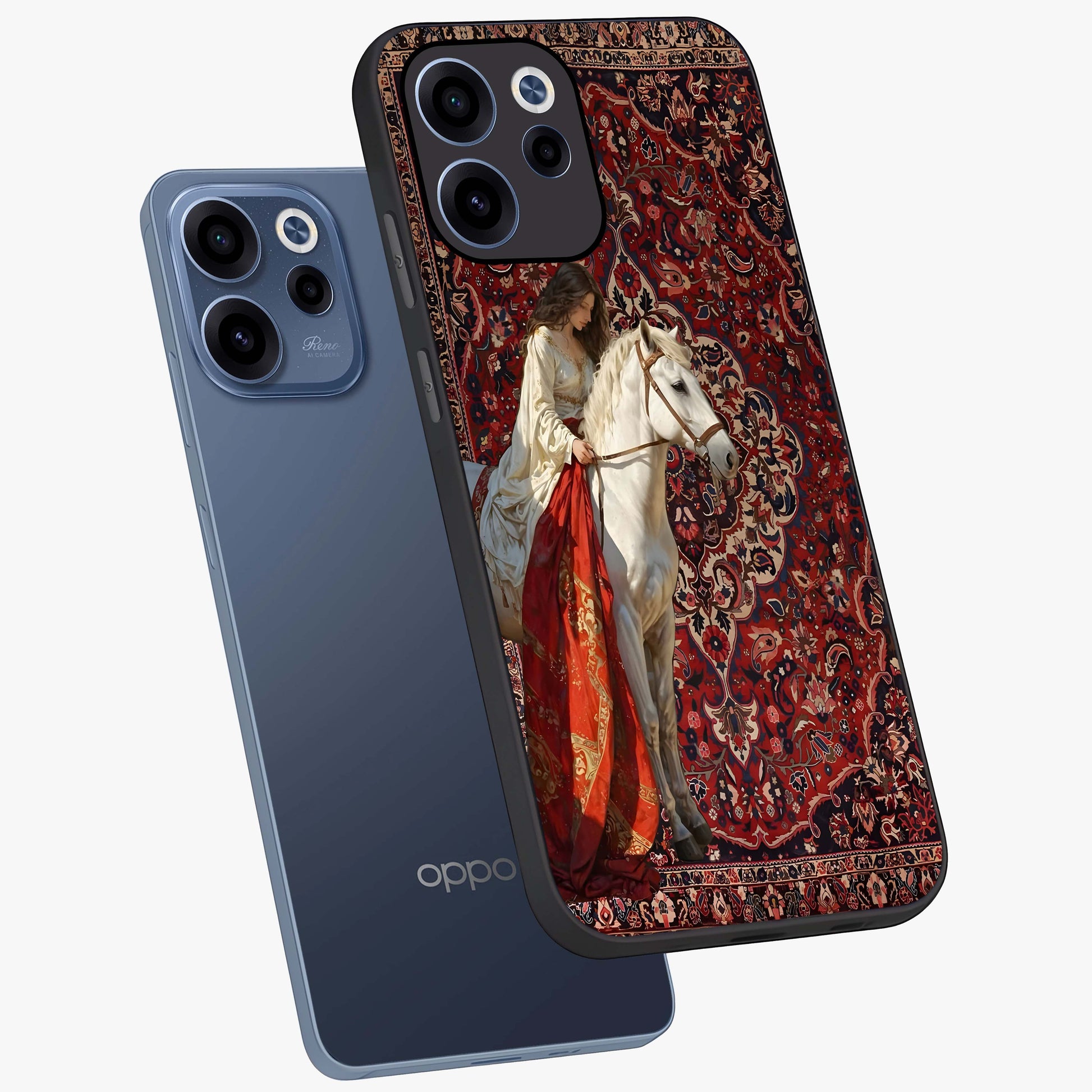 Royal Rider Tapestry Glass Case displayed in angled mockup highlighting traditional tapestry design with royal heritage aesthetic.